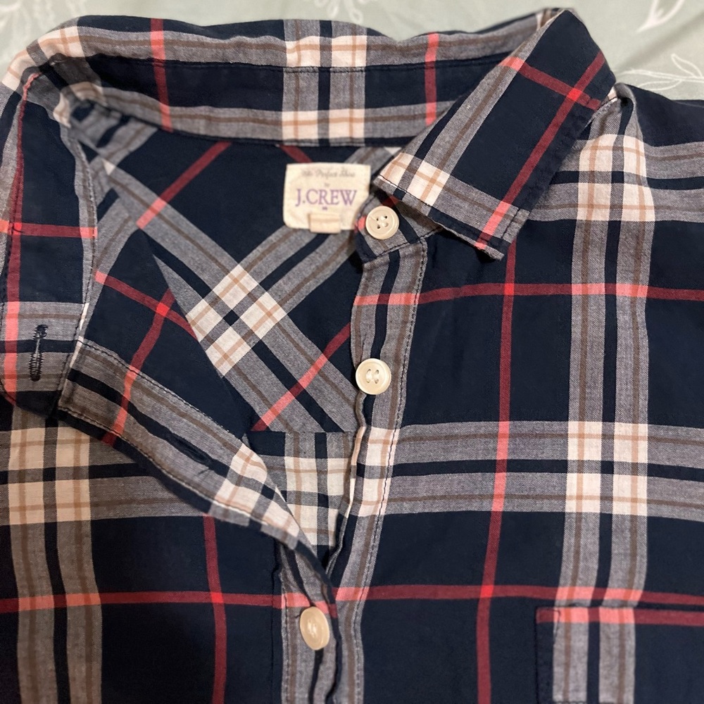 J Crew Plaid Button-Down Shirt - Navy and Coral Sz S - Picture 3 of 8
